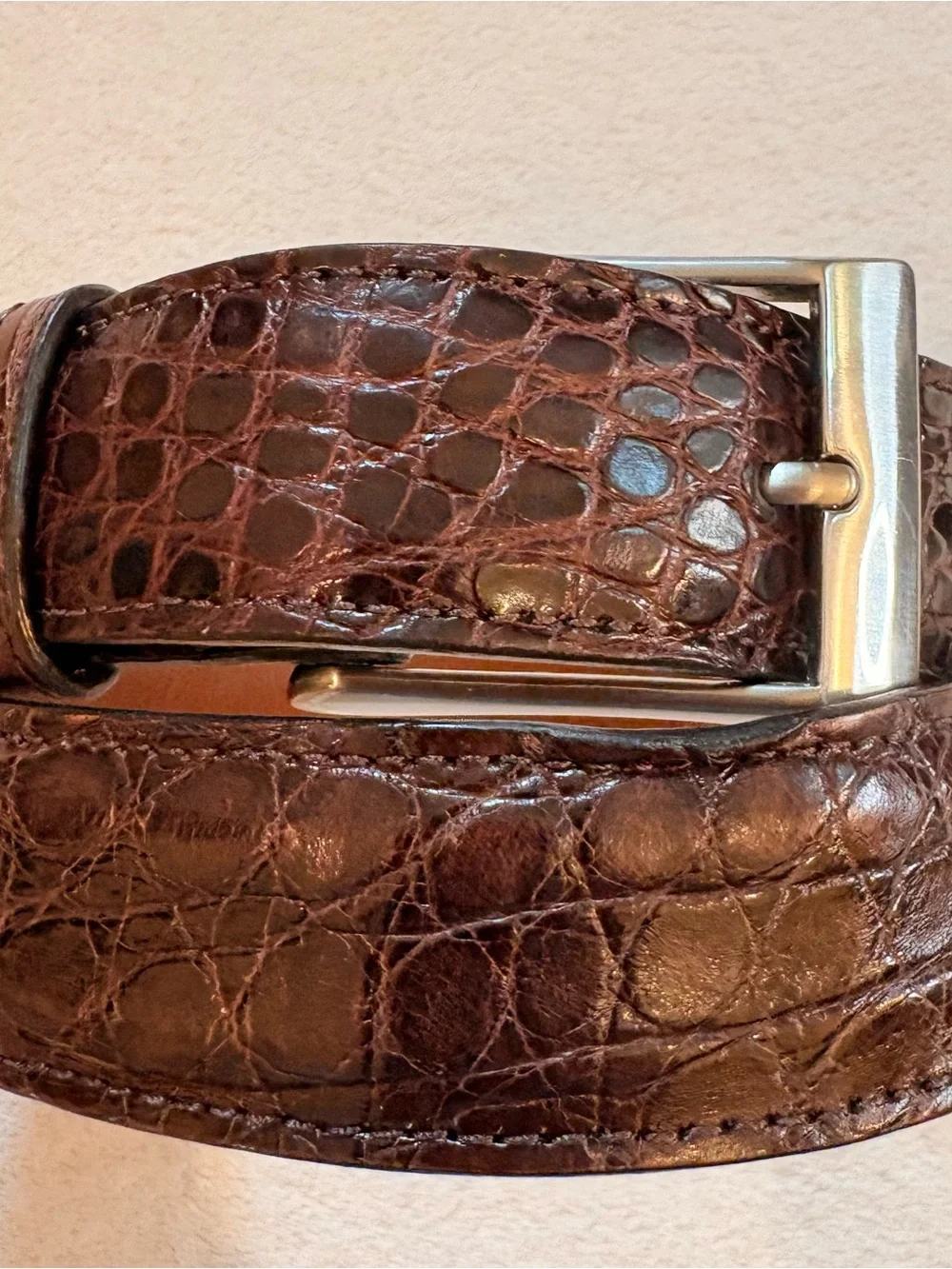 Saks Fifth Avenue Dark Brown Genuine Crocodile Leather Belt Silver Buckle Sz 34